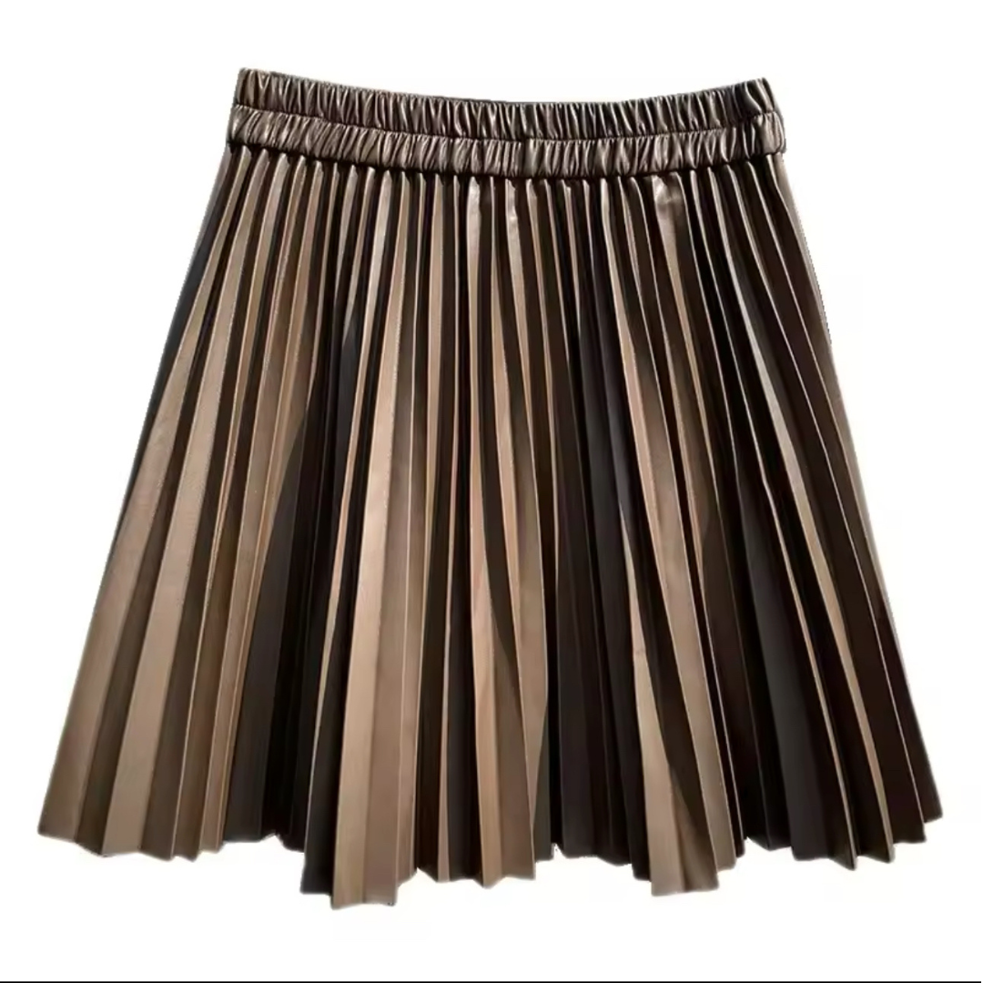 Chocolate Brown PU Leather Pleated Skirt