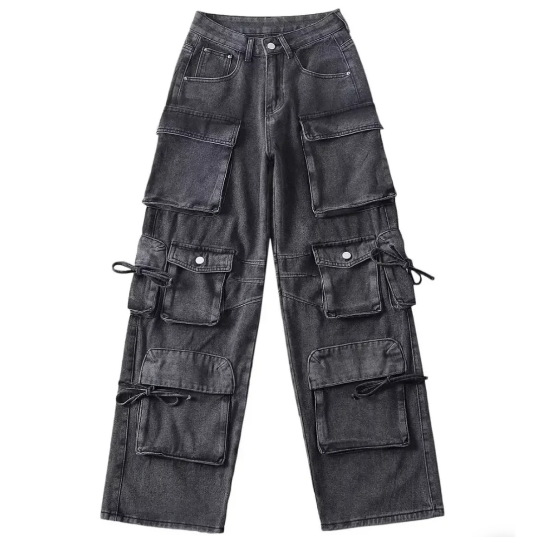 Washed Black Denim Cargo Pants