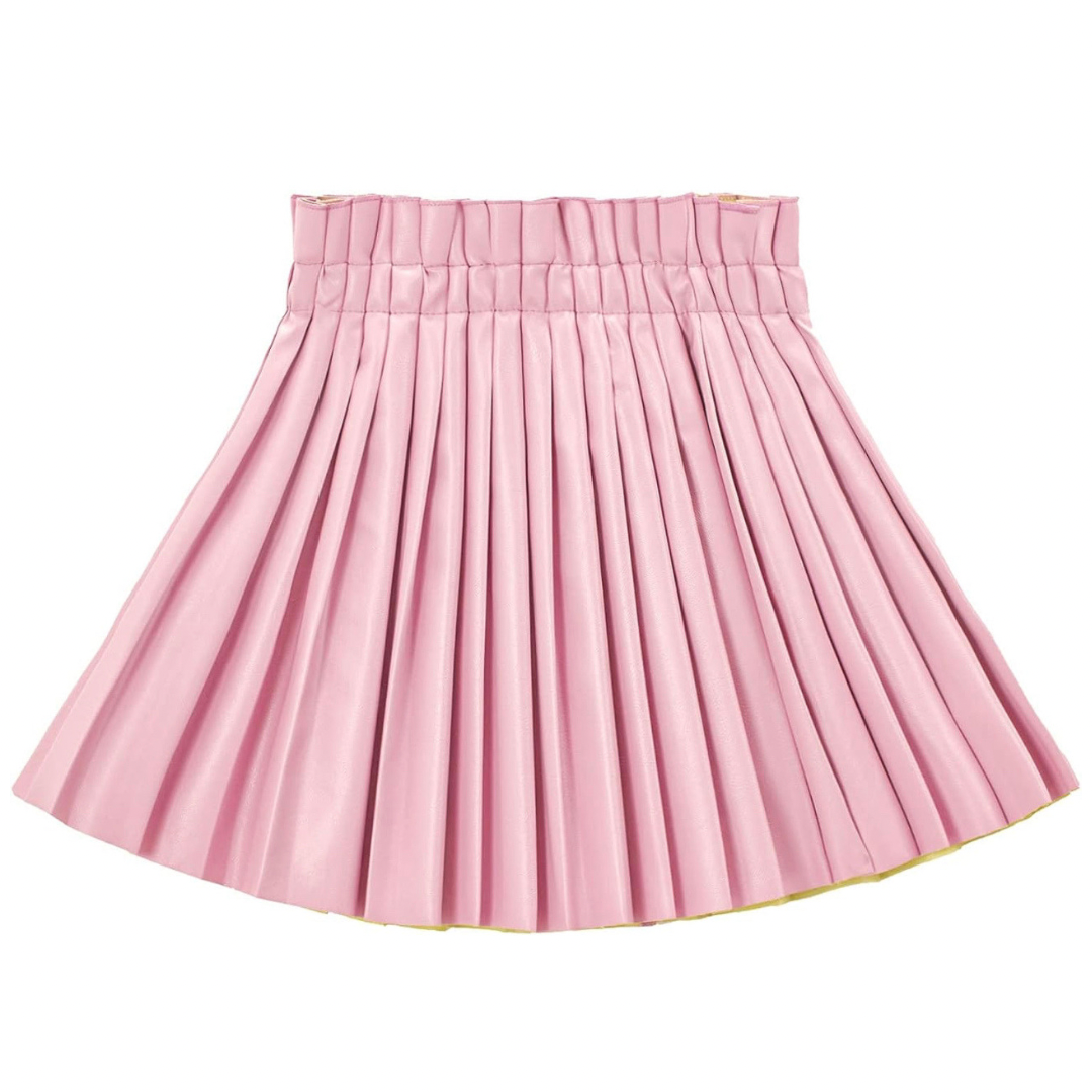 Crystal Rose Pink PU Leather Pleated Skirt
