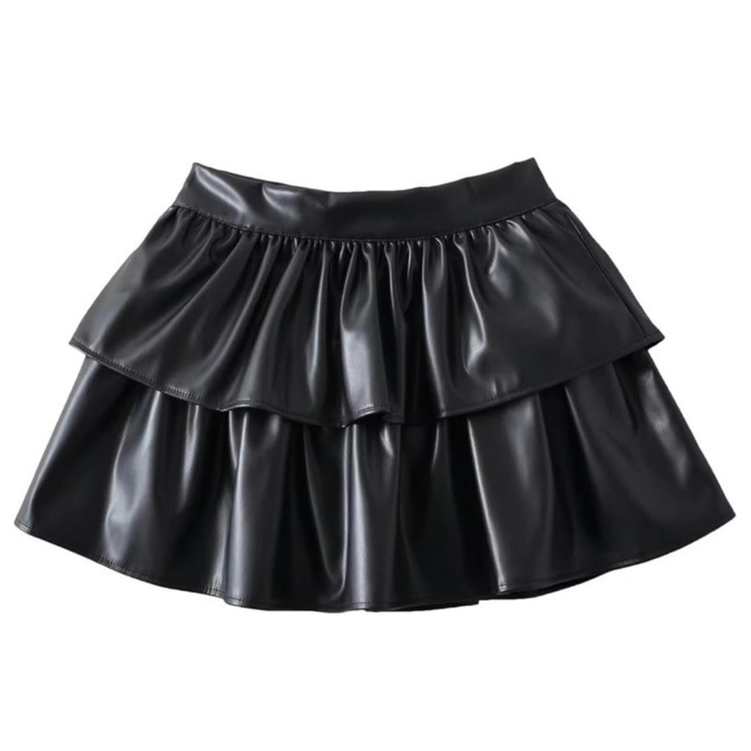 Black Tiered Faux Leather Skirt