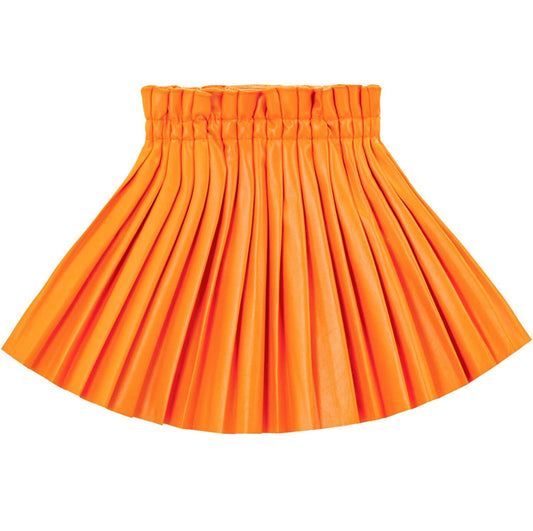 Kids' Tangerine Orange PU Leather Pleated Skirt