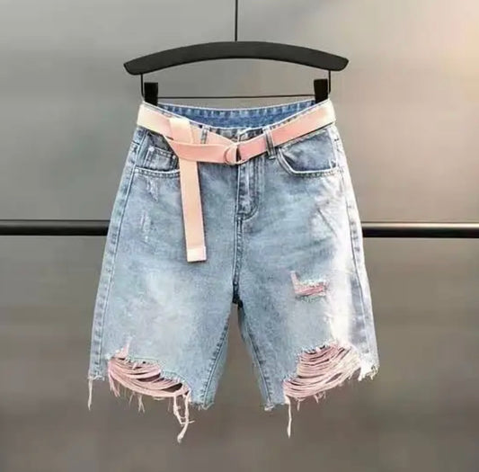 Kids' Distressed Denim Pink Bermuda Shorts - Junior Sizes