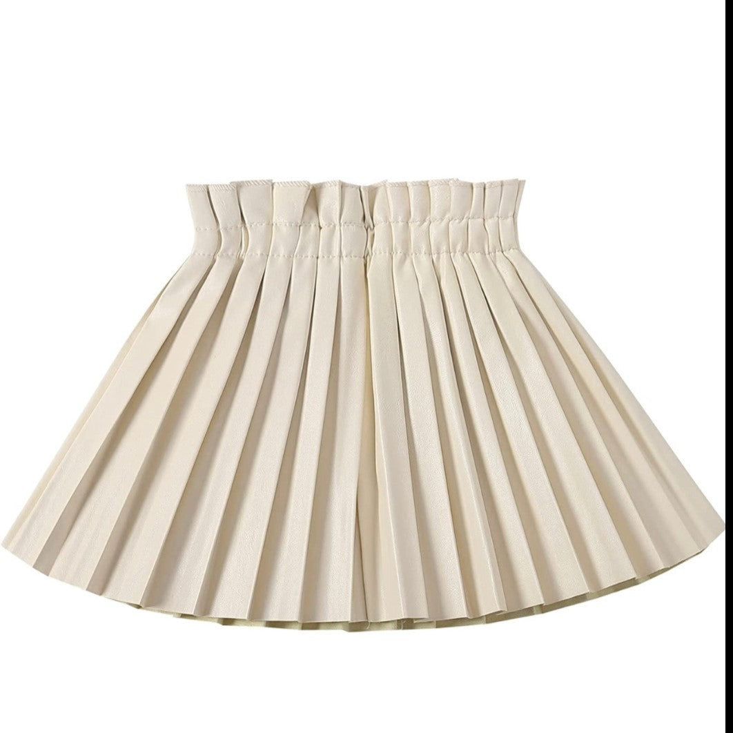 Kids Beige PU Leather Pleated Skirt